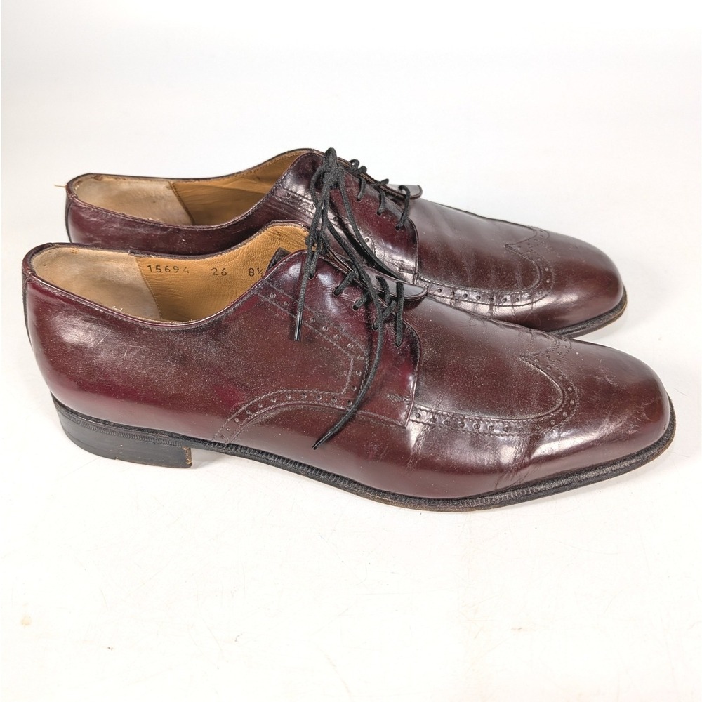 Salvatore Ferragamo Mens Burgundy Leather Wingtip Oxford Shoes 8.5 D 15694